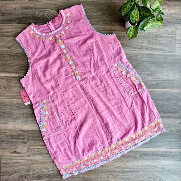 Simply Southern Pink Embroidered Flowers Rickrack Trim Sleeveless Dress Size XL - Picture 2 of 16